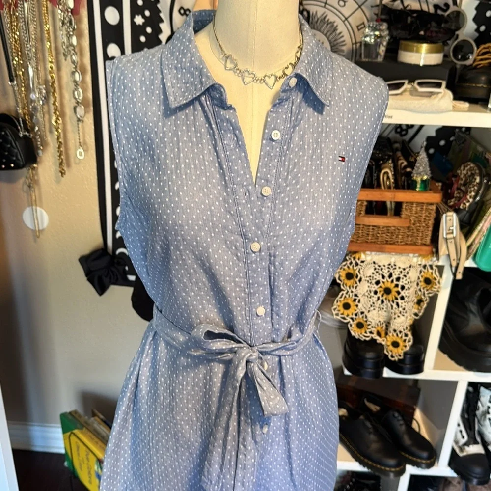 Tommy Hilfiger mini dress white polka dot/ blue collared belted half button sz10 - Picture 3 of 12
